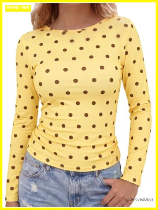 Tops - Women's Polka Dot Long Sleeve Boat Neck Slim Fit T-Shirt Soft Stretch Knit